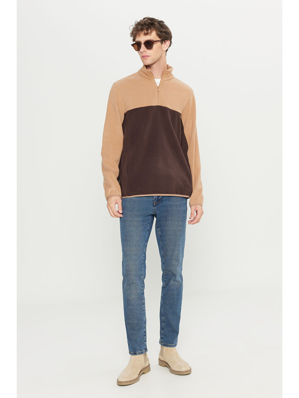 Kahverengi Erkek Sütlü Kahve-Kahve Standart Fit Dik Yaka İçi Polarlı Çift Renk Polar Sweatshirt-1