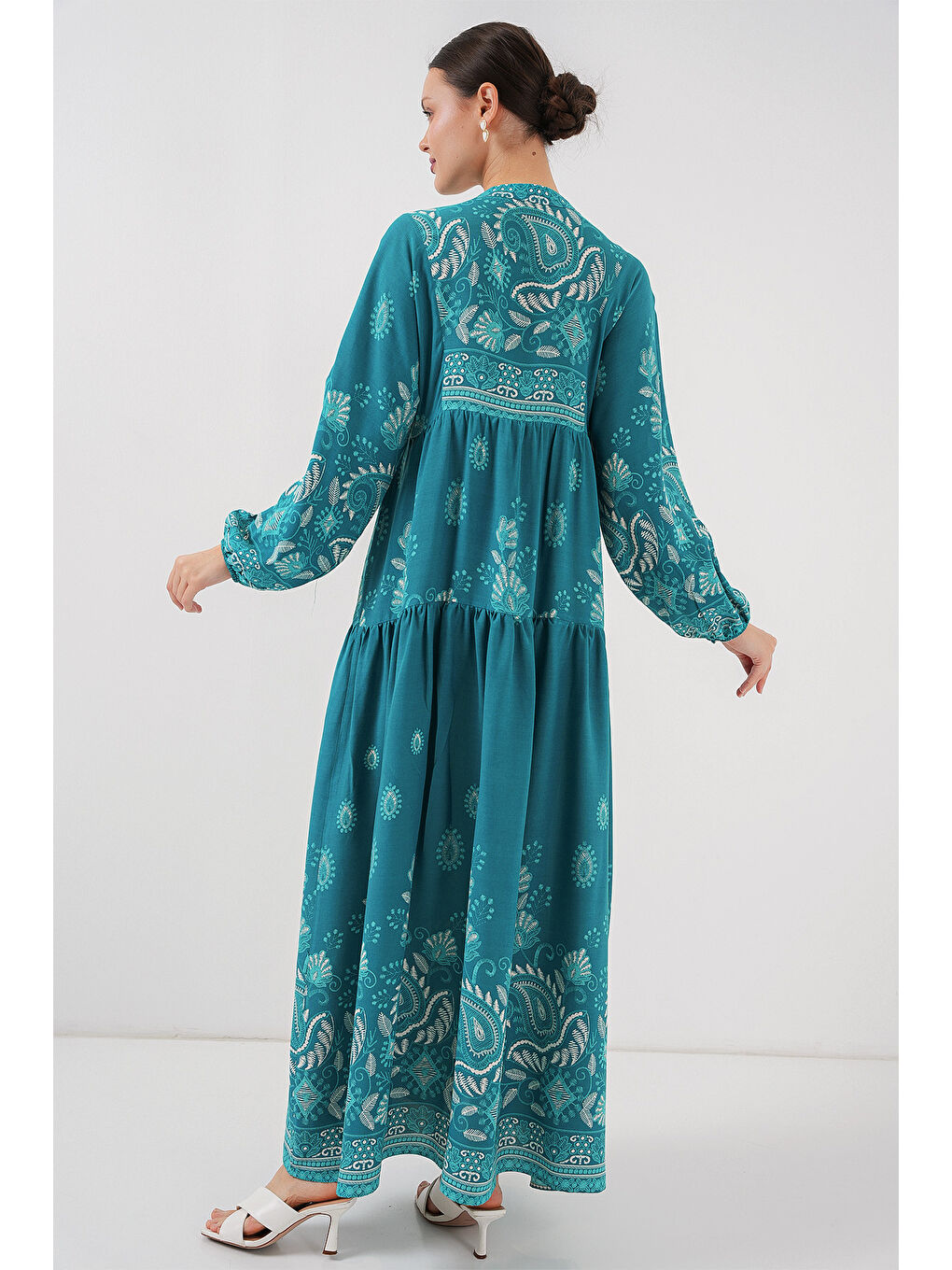 2423 Otantik Desenli Tesettür Elbise - B.Turkuaz-4