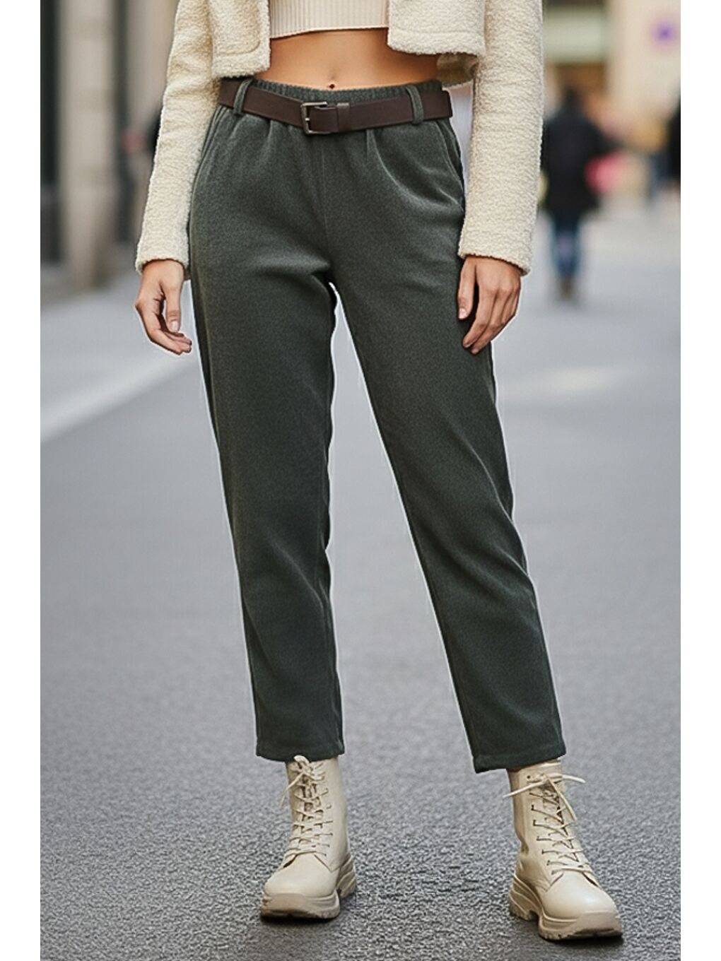 İtalyan Haki Cepli Kemerli Lastikli Bel Jogger Paça Casual Kadife Dokuma Pantolon 100 65-5