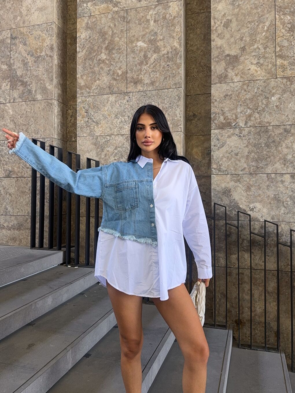 Beyaz Jean Bloklu Tasarım Gömlek