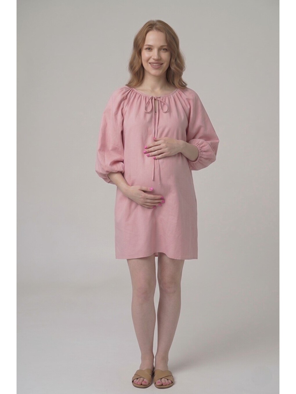 Pembe LEILA %100 Pamuk Poplin Hamile ve Lohusa Elbisesi Balon Kol Rahat Kesim