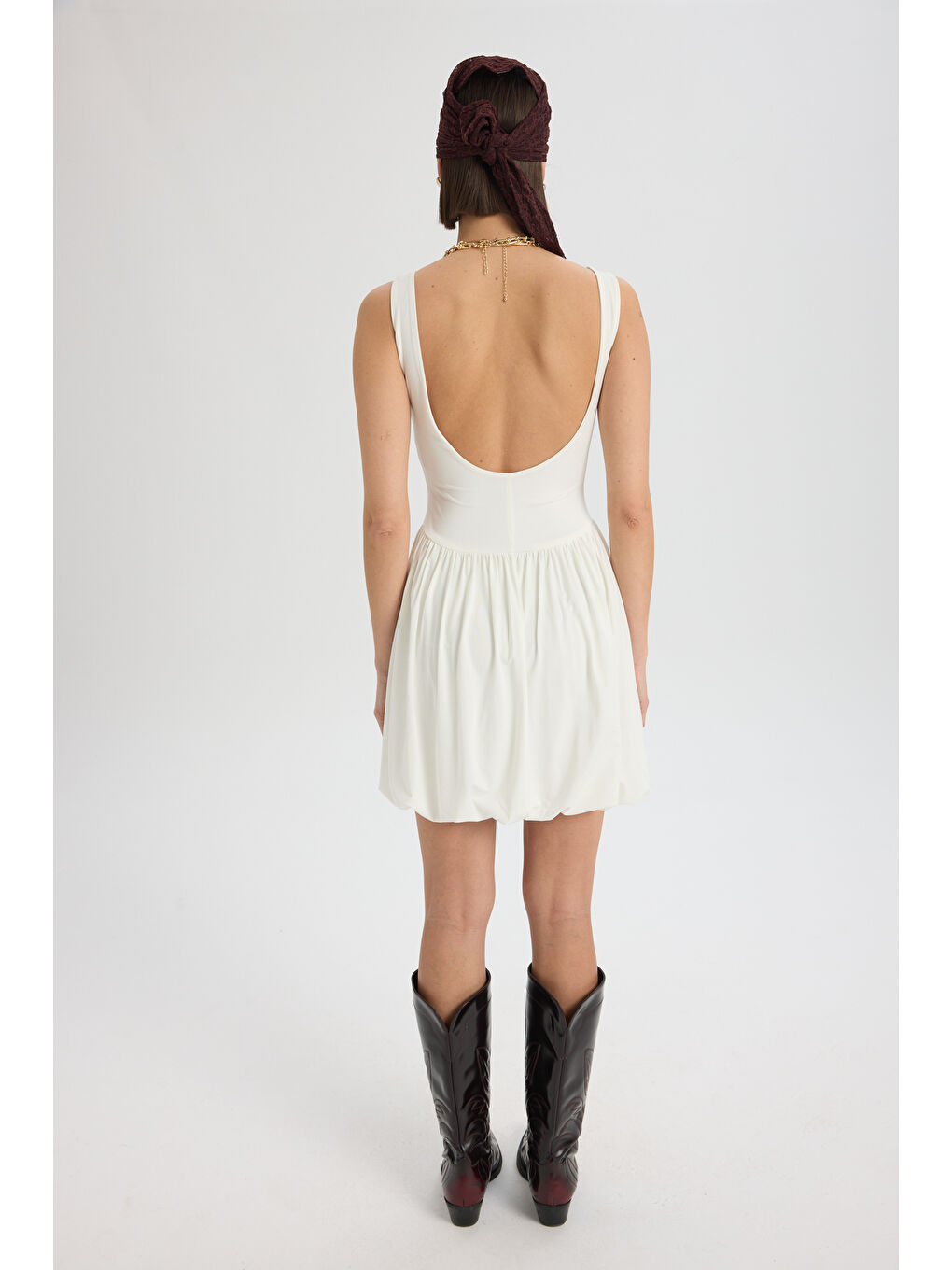 Raventa Üçgen Detay Ekru Mini Elbise-4