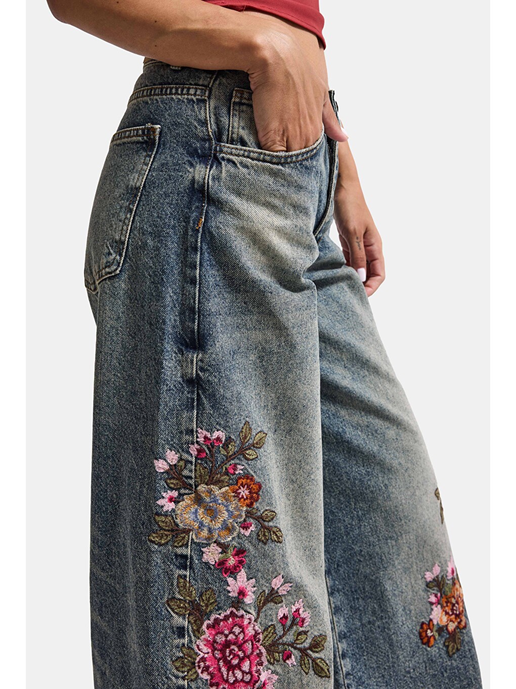 Mavi Kadın Tint 4w6-8 Palazzo Fit Özel Çiçek Nakış Tasarım Denim Jean-3