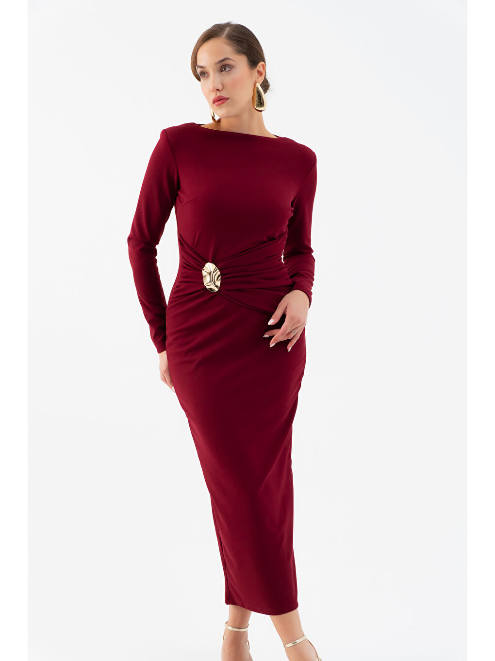 Kadın Bordo Vatkalı Bel Büzgülü Midi Elbise-2