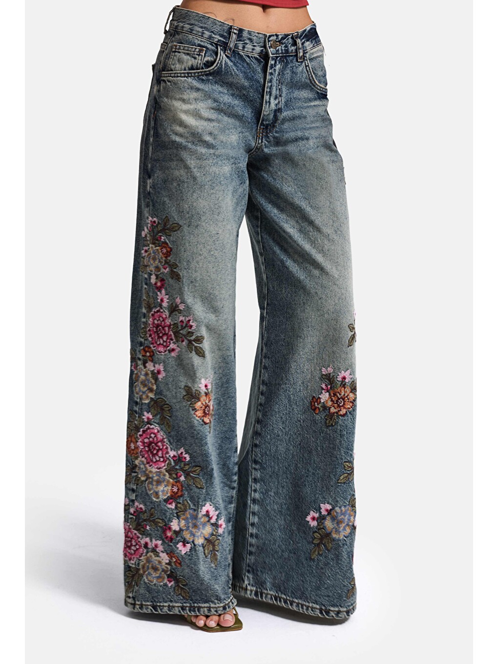 Mavi Kadın Tint 4w6-8 Palazzo Fit Özel Çiçek Nakış Tasarım Denim Jean-4