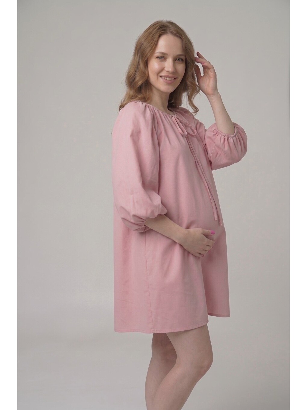 Pembe LEILA %100 Pamuk Poplin Hamile ve Lohusa Elbisesi Balon Kol Rahat Kesim-1