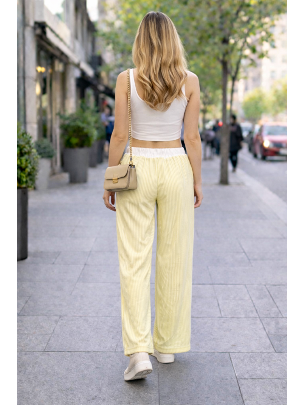 Kadın Trend Çizgili Bol Paça Sarı Palazzo Pantolon-2