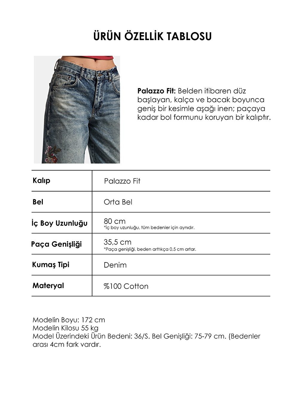 Mavi Kadın Tint 4w6-8 Palazzo Fit Özel Çiçek Nakış Tasarım Denim Jean-5