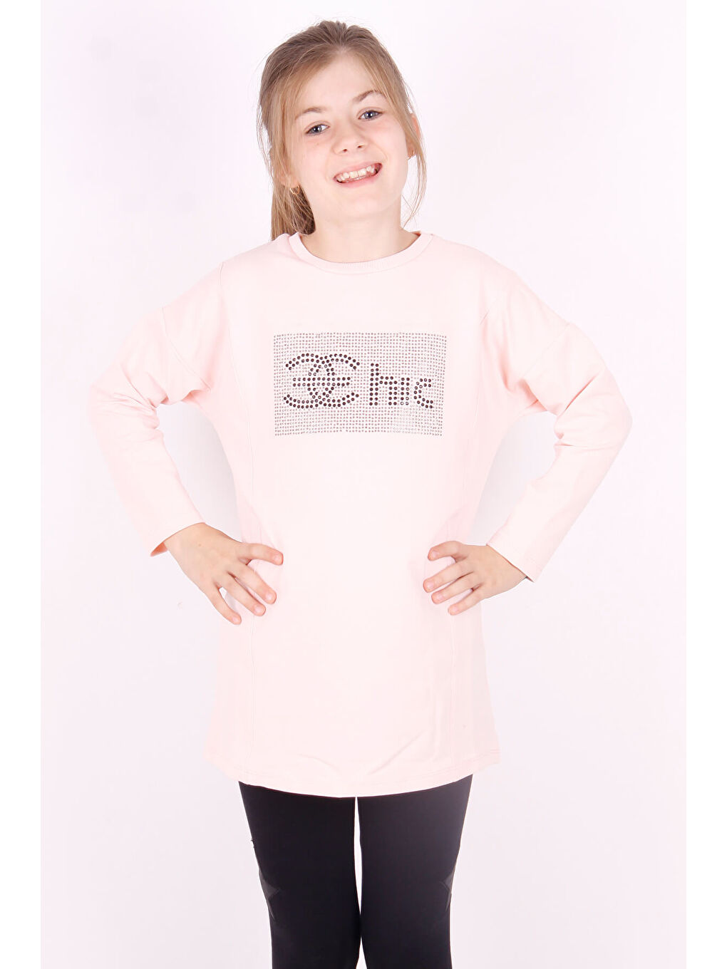 Pembe Kız Çocuk Chic Yazılı Taş İşlemeli Tişört