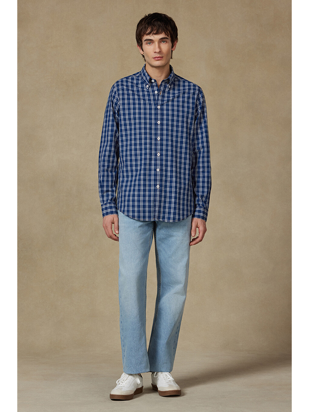 Natte Denim Pamuklu Comfort Fit Lacivert Düğmeli Yaka Erkek Kareli Gömlek-2