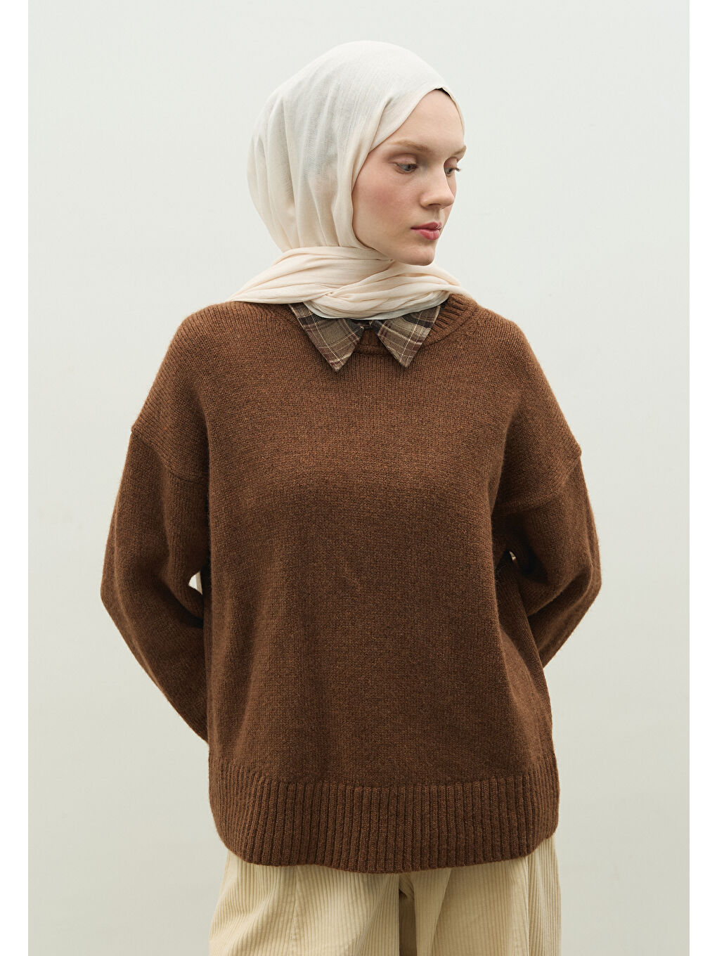 Kahverengi Kaşmir Dokulu Şal Fildişi-2