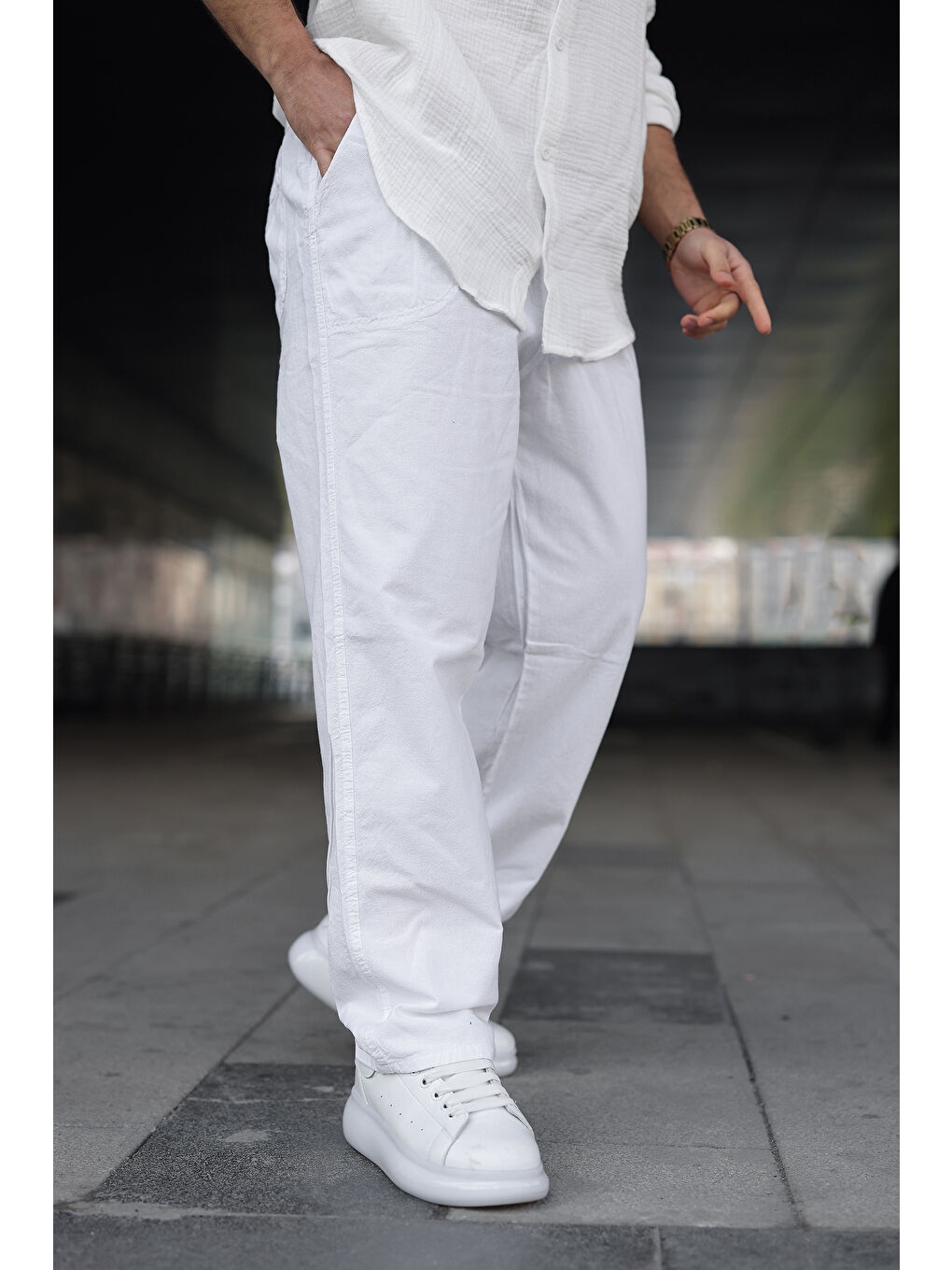 Erkek Trend Basic Bol Paça Beyaz Baggy Keten Pantolon-1