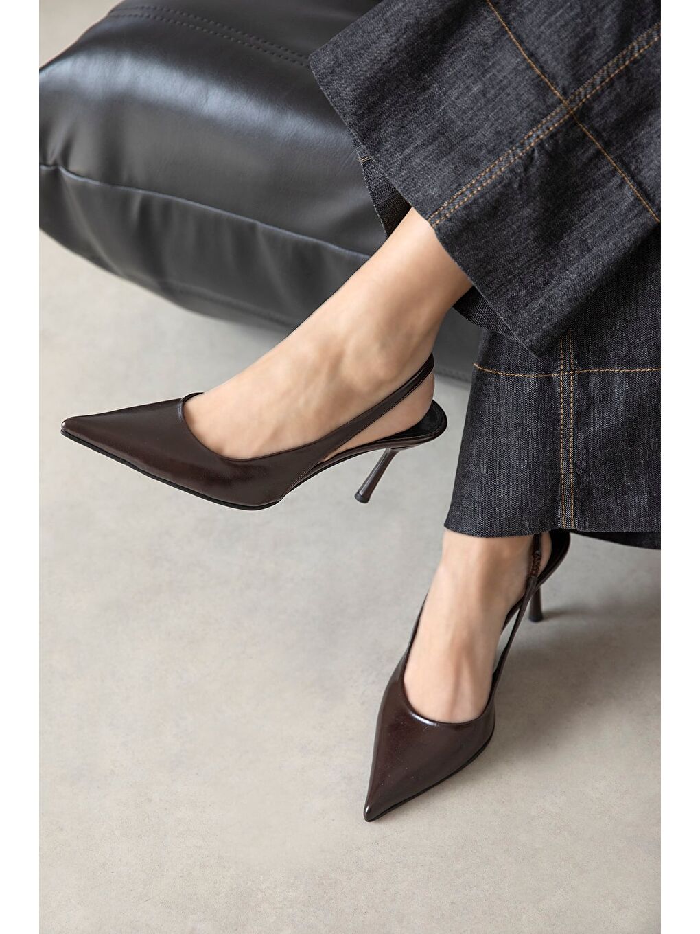 Kahverengi Jeres Kadın Topuklu Kırışık Deri  Ayakkabı Kahve