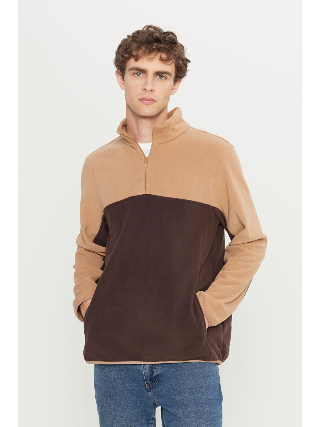 Kahverengi Erkek Sütlü Kahve-Kahve Standart Fit Dik Yaka İçi Polarlı Çift Renk Polar Sweatshirt-2