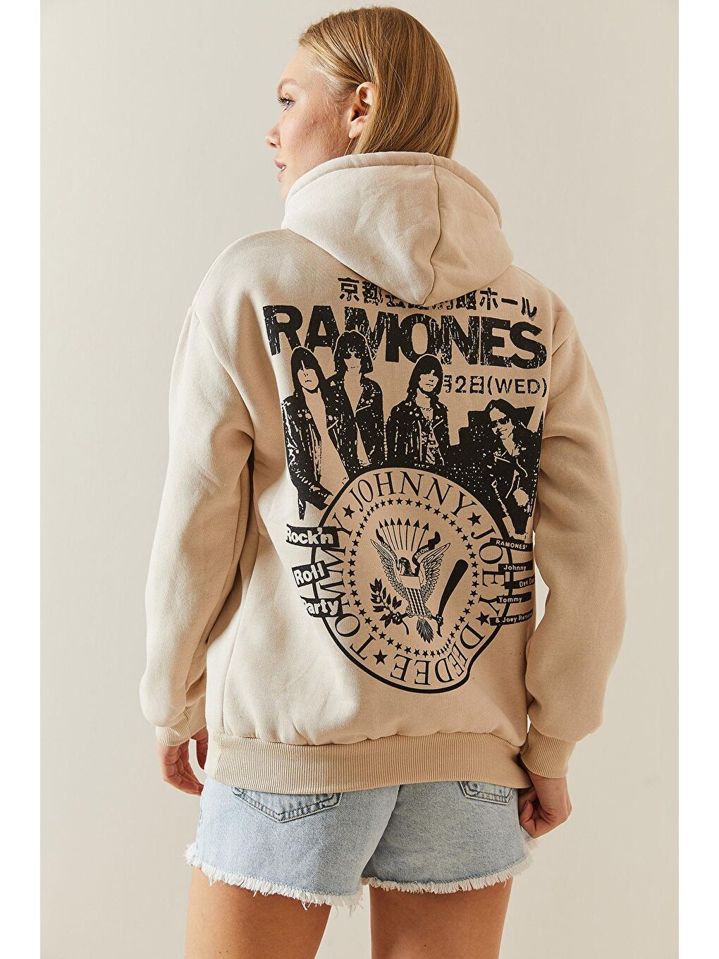 Ekru Krem Şardonlu & Arkası Baskılı Kapüşonlü Sweatshirt 4KXK8-47836-22-4