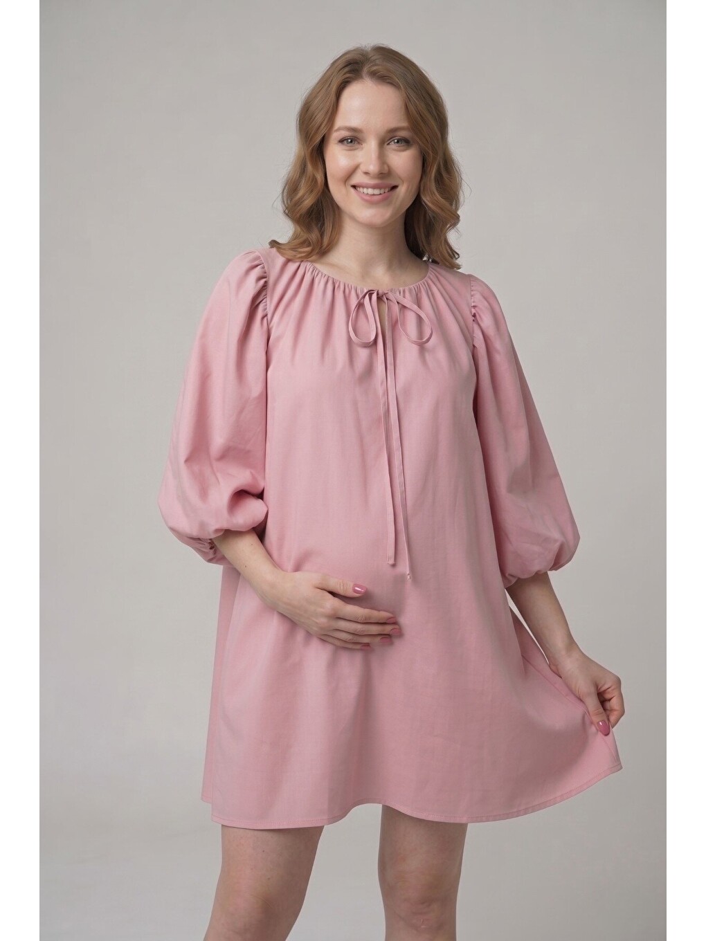Pembe LEILA %100 Pamuk Poplin Hamile ve Lohusa Elbisesi Balon Kol Rahat Kesim-3