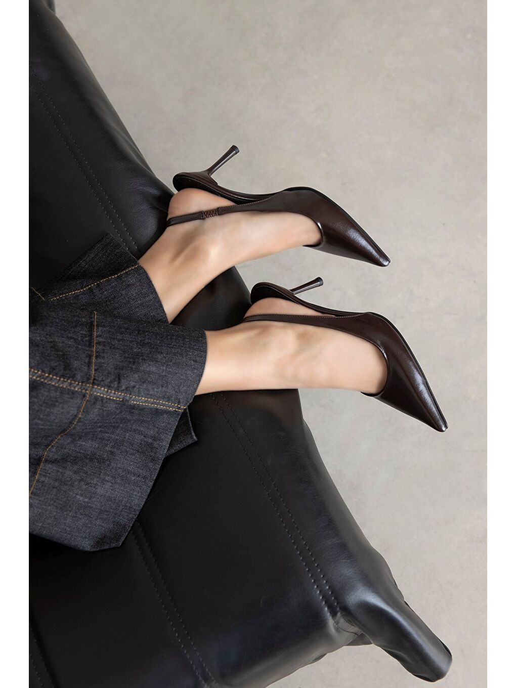 Kahverengi Jeres Kadın Topuklu Kırışık Deri  Ayakkabı Kahve-1