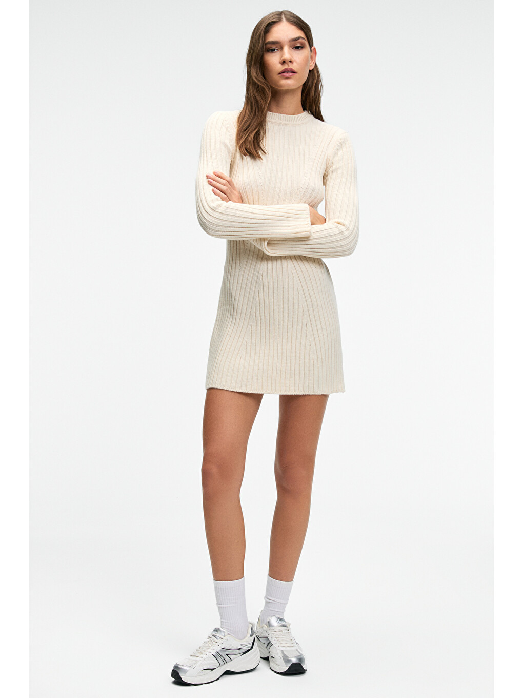 Encanto Kadın Yuvarlak Yaka Çizgi Desenli Slim Fit Ekru Elbise-4