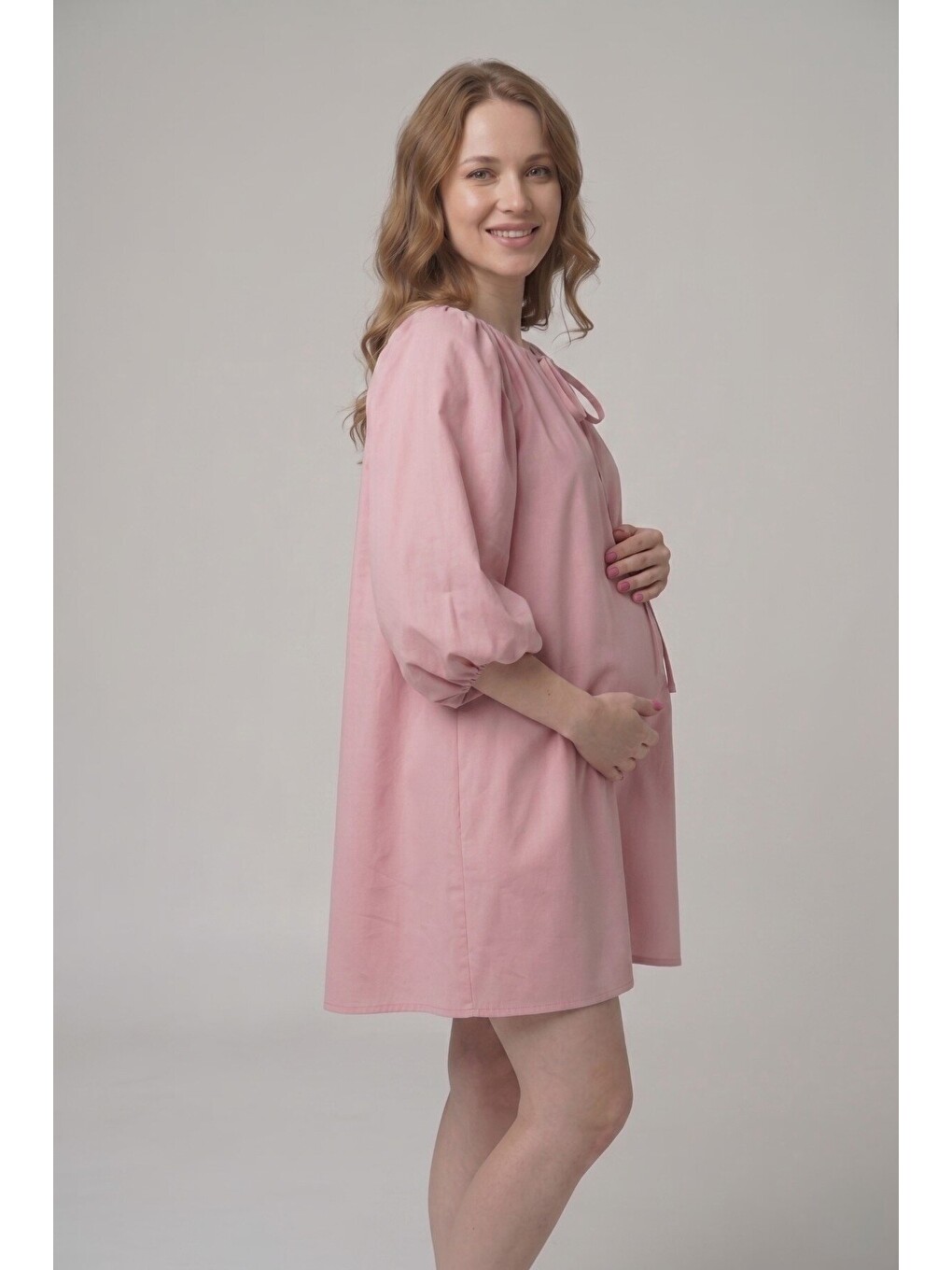 Pembe LEILA %100 Pamuk Poplin Hamile ve Lohusa Elbisesi Balon Kol Rahat Kesim-4