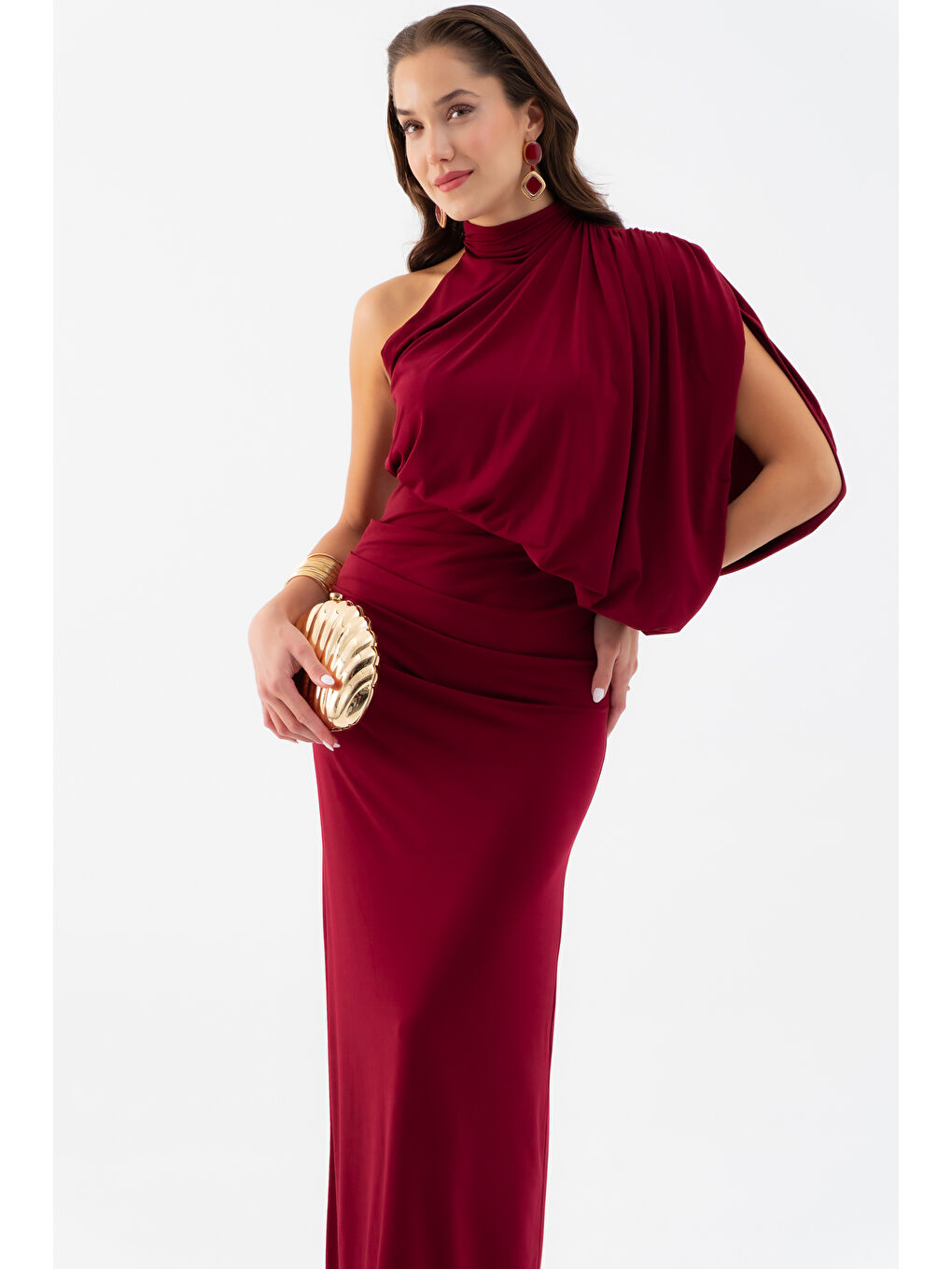 Kadın Bordo Tek Omuz Drape Detaylı Uzun Elbise-2