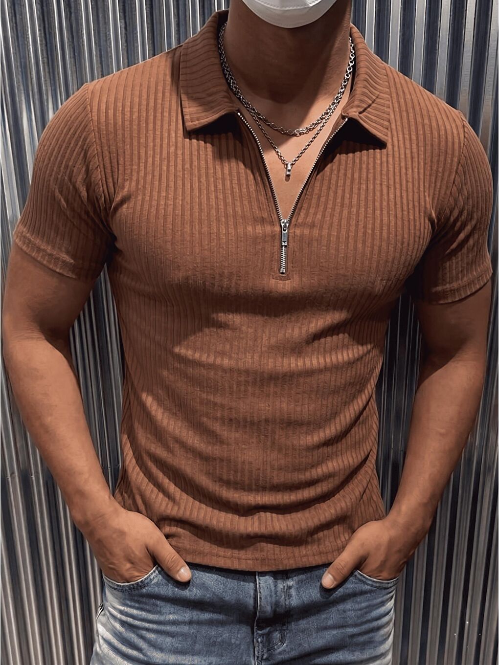 Kahverengi Luuk Erkek Slim Fit Fermuarlı Polo Yaka Fitilli T-Shirt-2