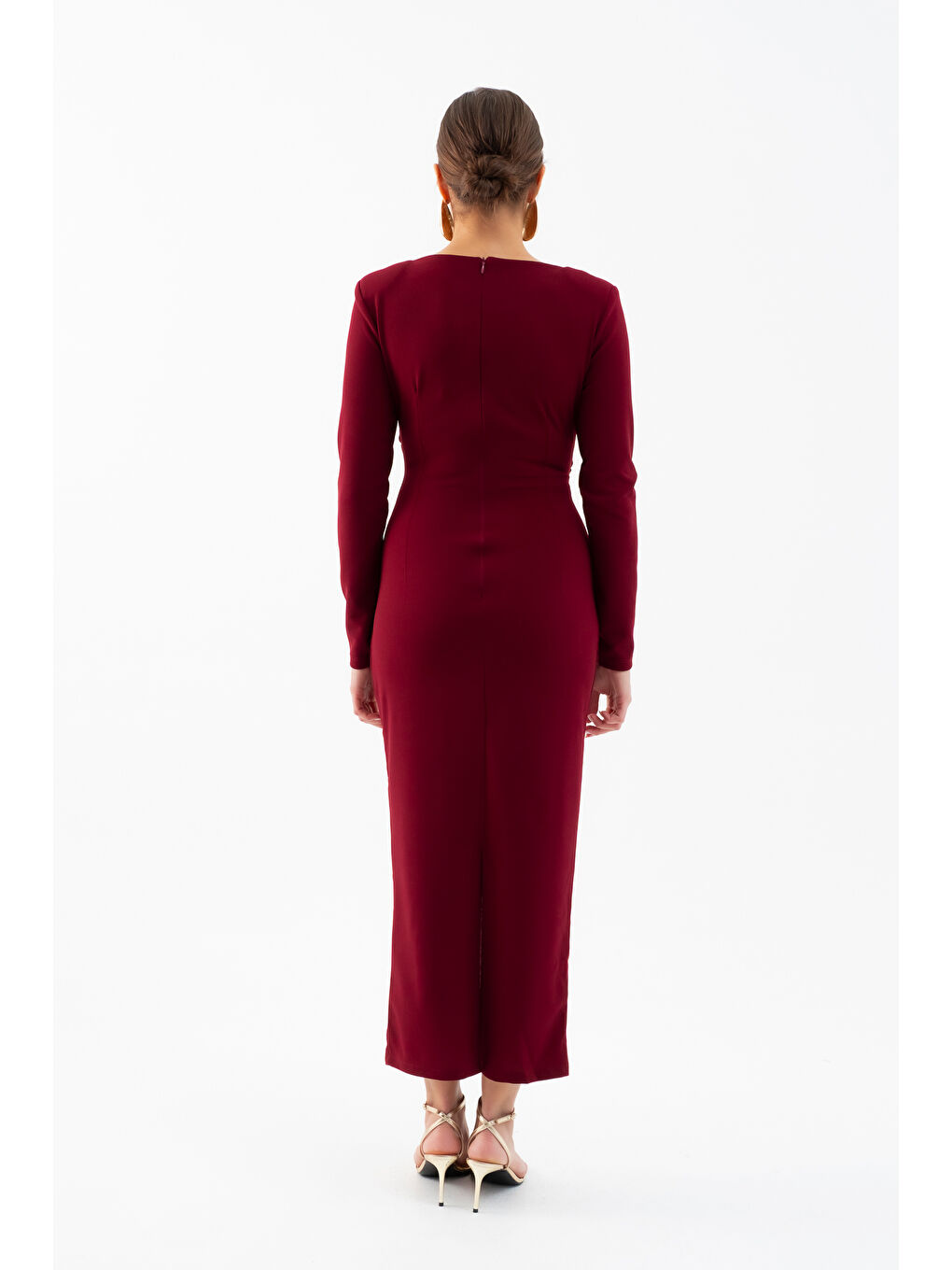 Kadın Bordo Vatkalı Bel Büzgülü Midi Elbise-5