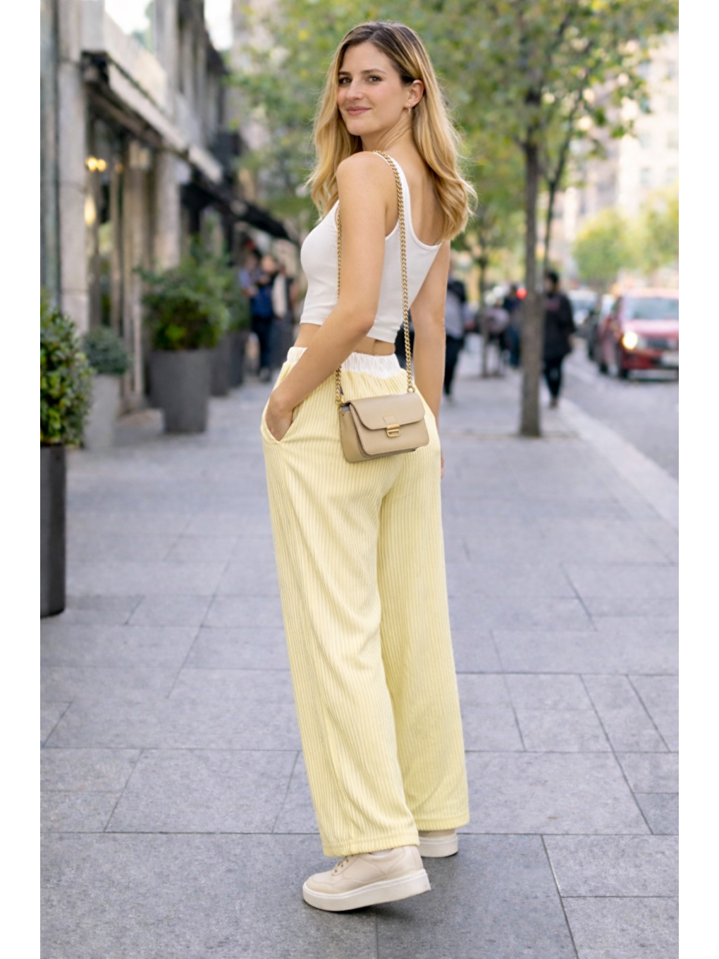 Kadın Trend Çizgili Bol Paça Sarı Palazzo Pantolon-4