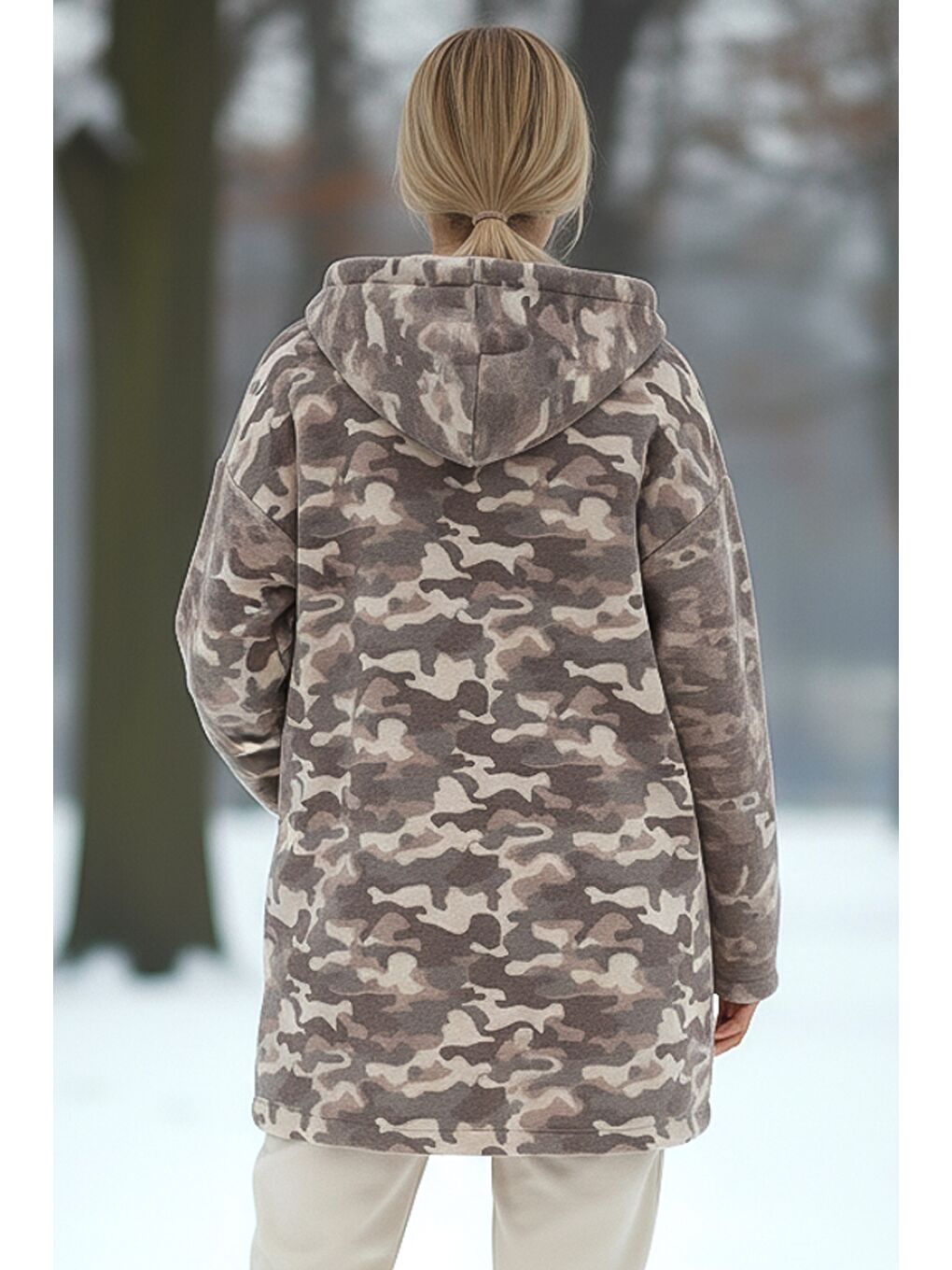 İtalyan Kamuflaj Bej Kapüşonlu Uzun Kol Fermuarlı Cepli Casual Kaşe Dokuma Ceket 80 70-1