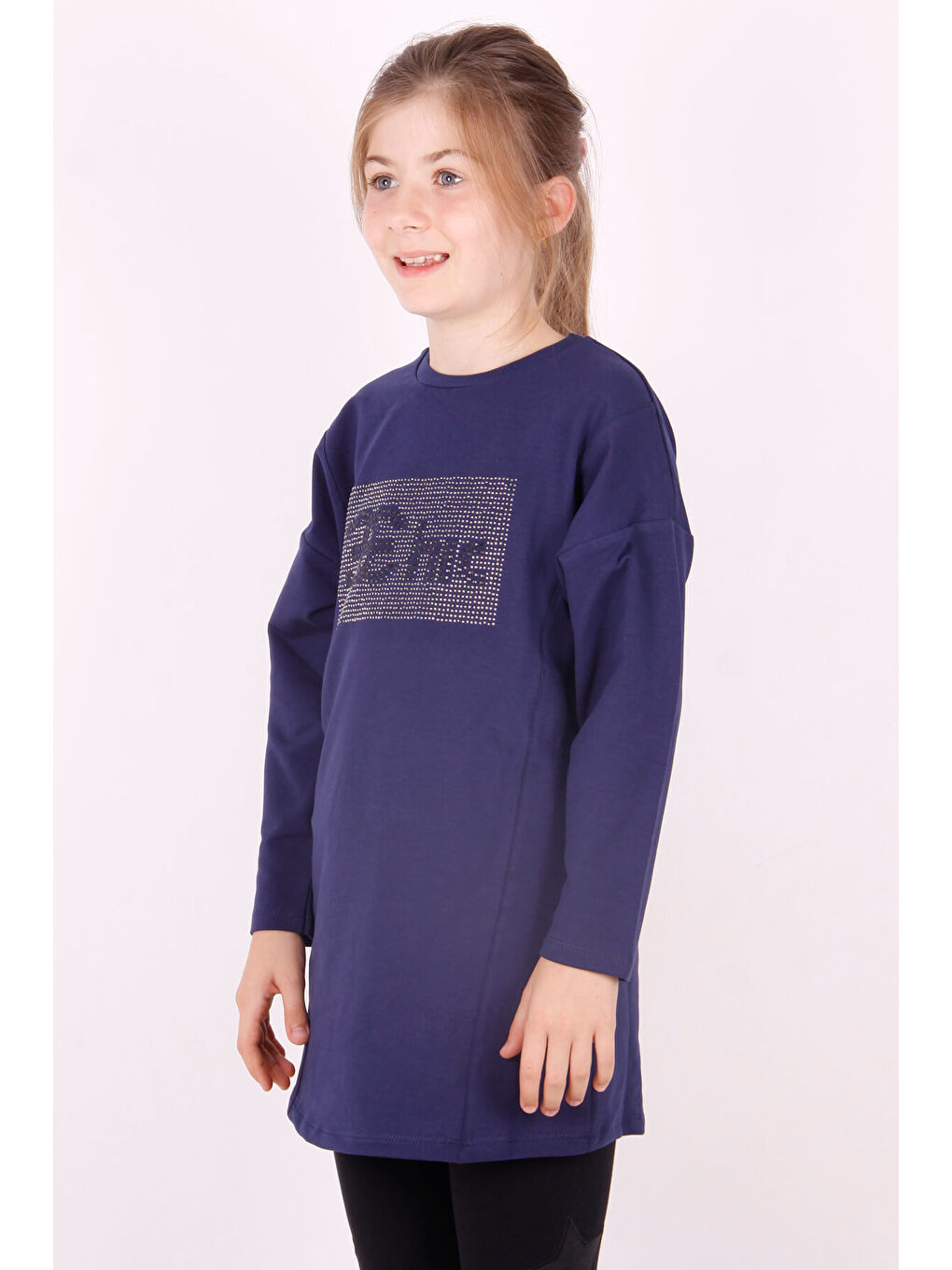 Lacivert Kız Çocuk Chic Yazılı Taş İşlemeli Tişört-1