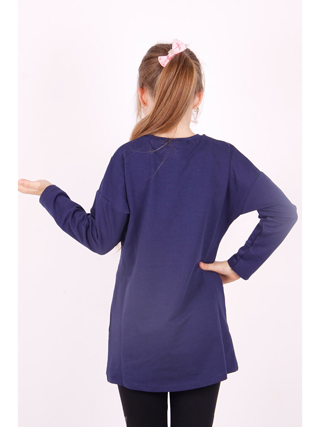 Lacivert Kız Çocuk Chic Yazılı Taş İşlemeli Tişört-2