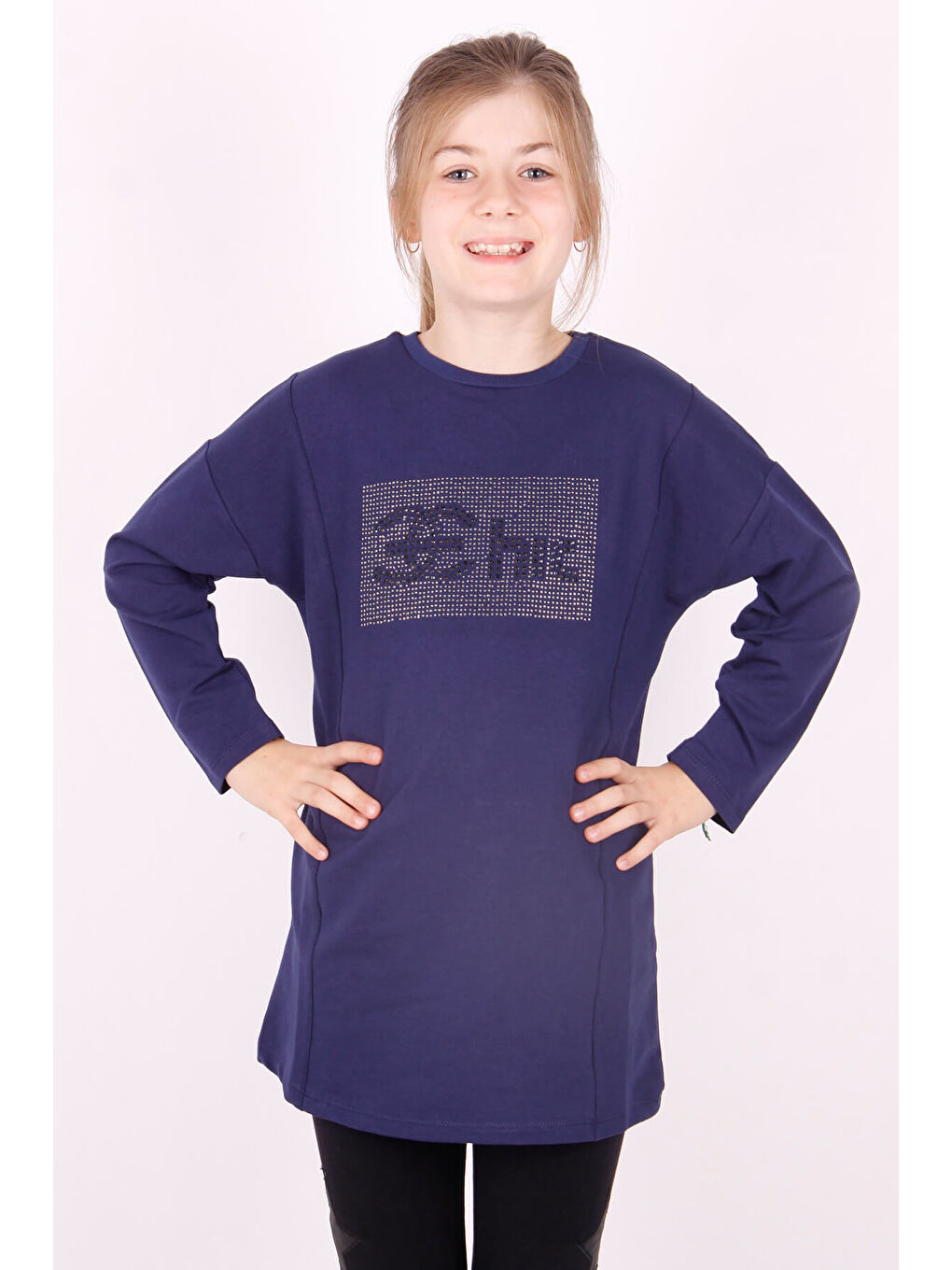 Lacivert Kız Çocuk Chic Yazılı Taş İşlemeli Tişört-3