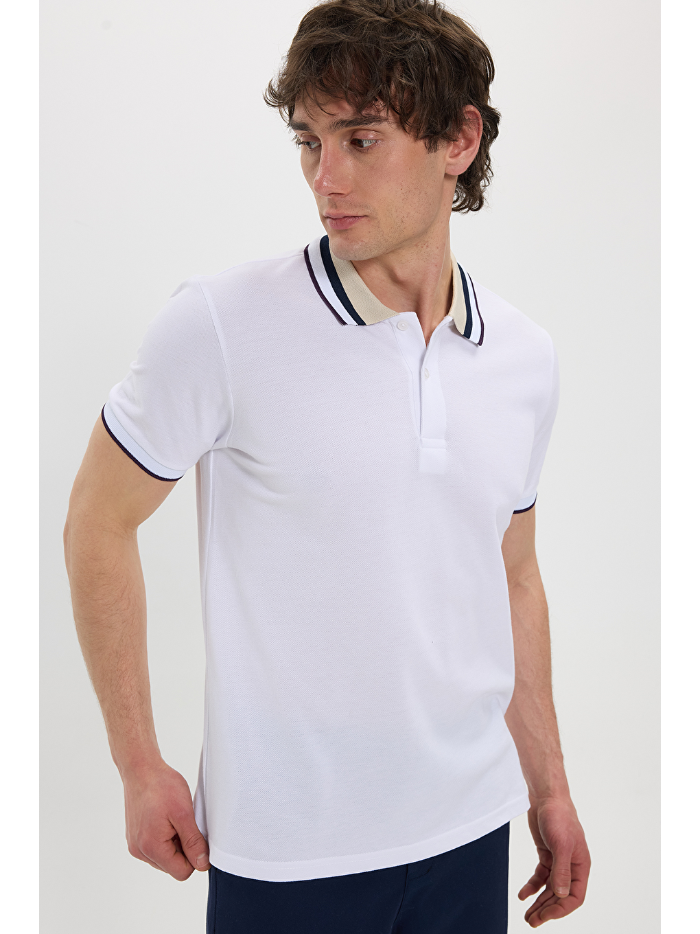 Erkek Slim Fit Dar Kesim %100 Pamuk Beyaz Polo Yaka Tişört-6