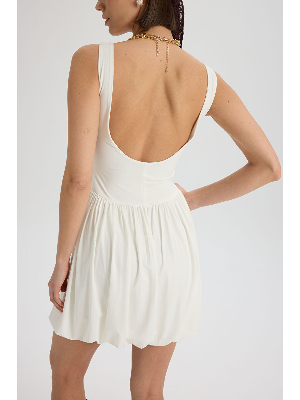 Raventa Üçgen Detay Ekru Mini Elbise-7