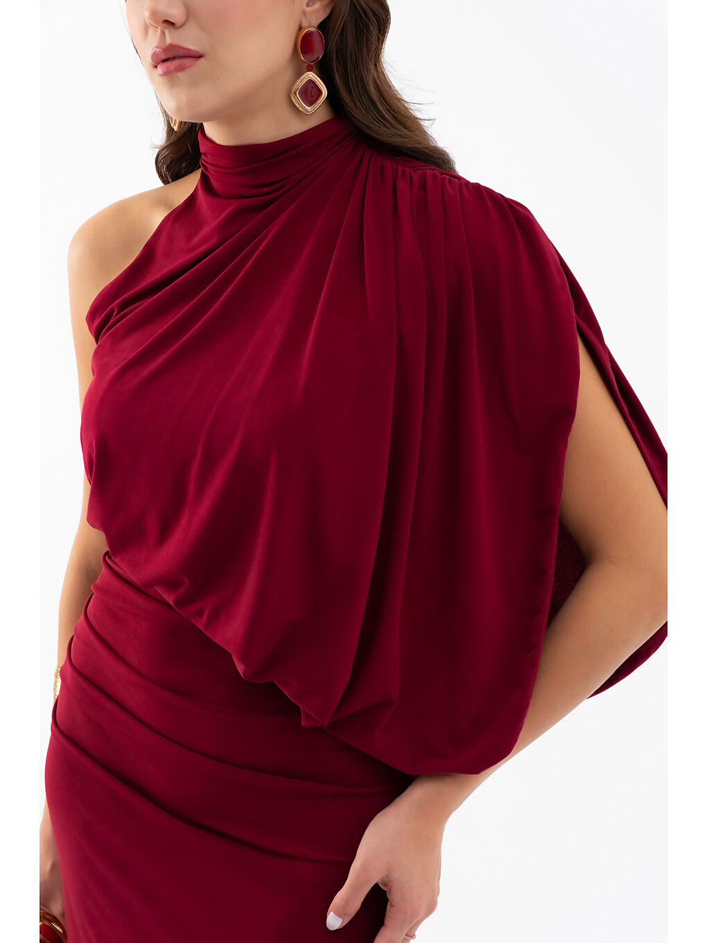 Kadın Bordo Tek Omuz Drape Detaylı Uzun Elbise-3