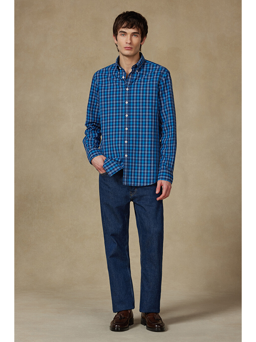 Natte Denim Pamuklu Comfort Fit Lacivert Düğmeli Yaka Erkek Ekoseli Gömlek-2