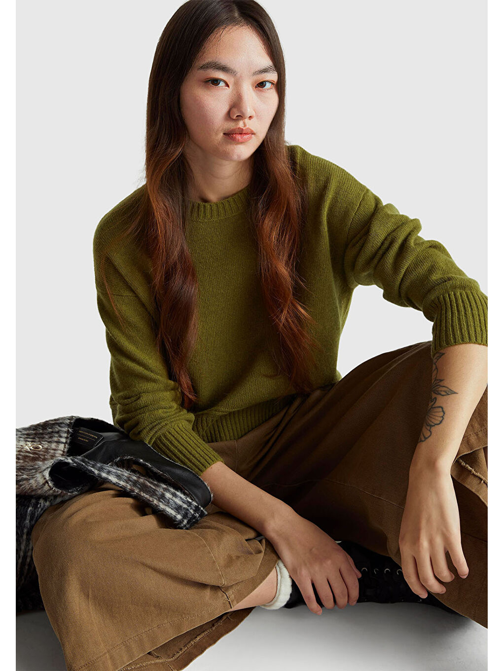 Kadın Haki Yeşili Yün Karışımlı Alt Kısmı Geniş Bisiklet Yaka Kazak-4