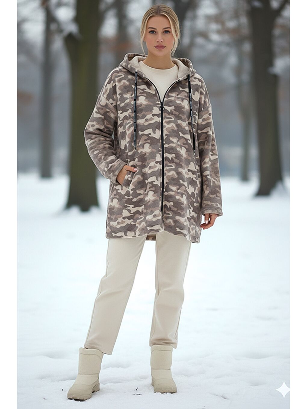 İtalyan Kamuflaj Bej Kapüşonlu Uzun Kol Fermuarlı Cepli Casual Kaşe Dokuma Ceket 80 70-2