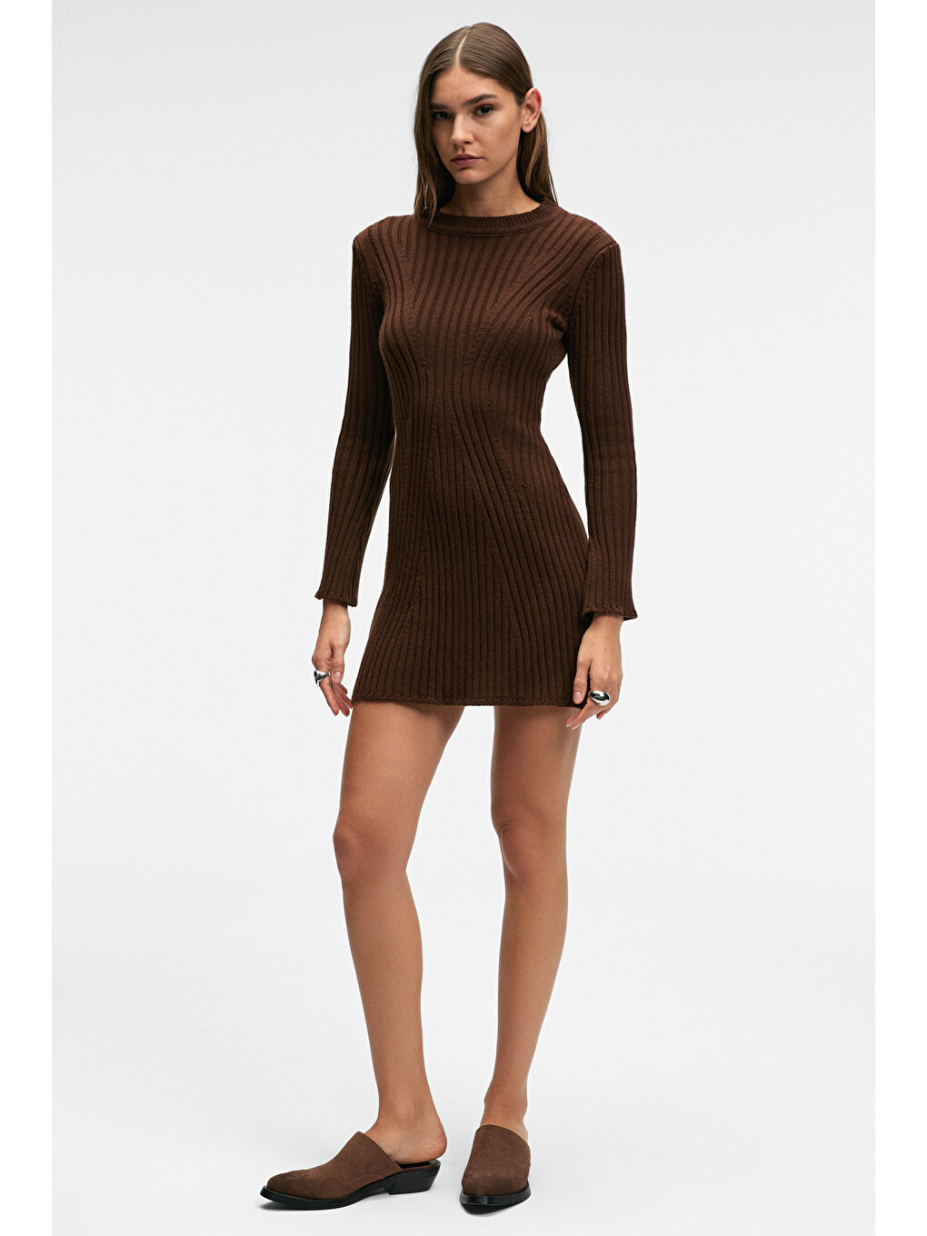 Encanto Kadın Yuvarlak Yaka Çizgi Desenli Slim Fit Kahverengi Elbise-1