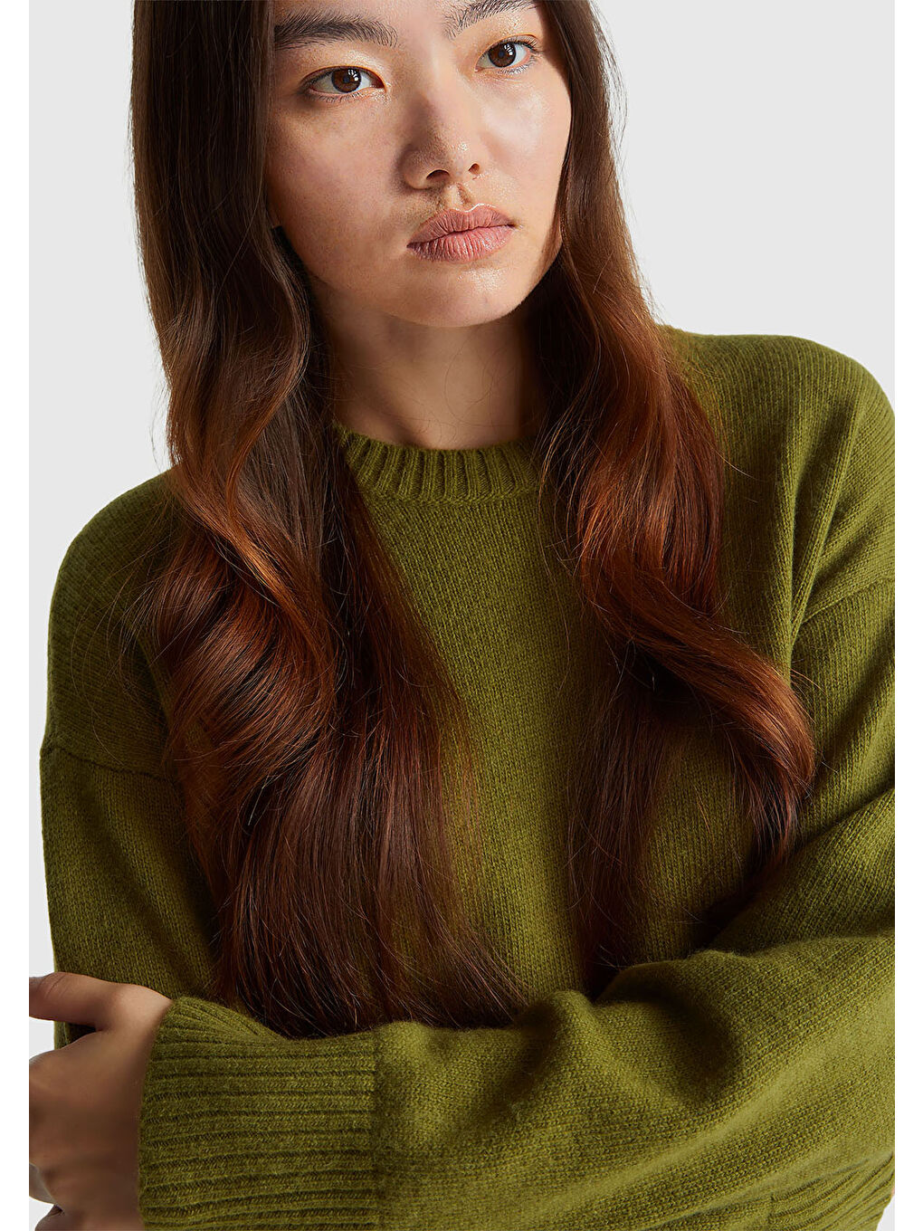 Kadın Haki Yeşili Yün Karışımlı Alt Kısmı Geniş Bisiklet Yaka Kazak-5