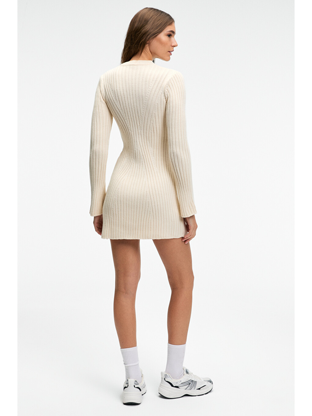 Encanto Kadın Yuvarlak Yaka Çizgi Desenli Slim Fit Ekru Elbise-5