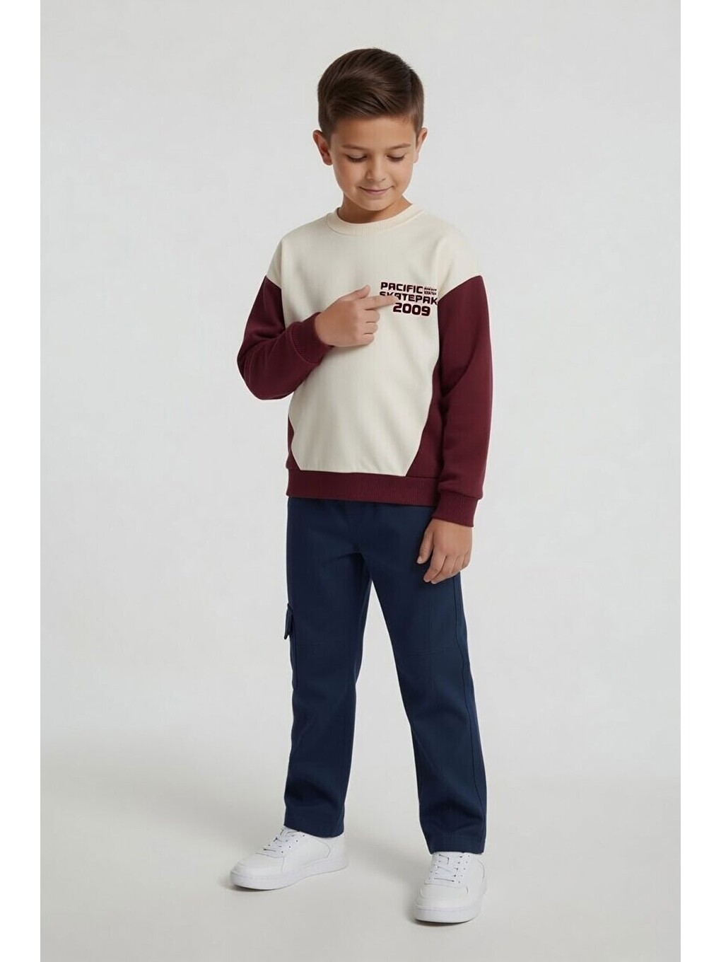 Lacivert Kahve Erkek Çocuk Keten Pantolonlu Sweatshirt 2li Takım 24515-2