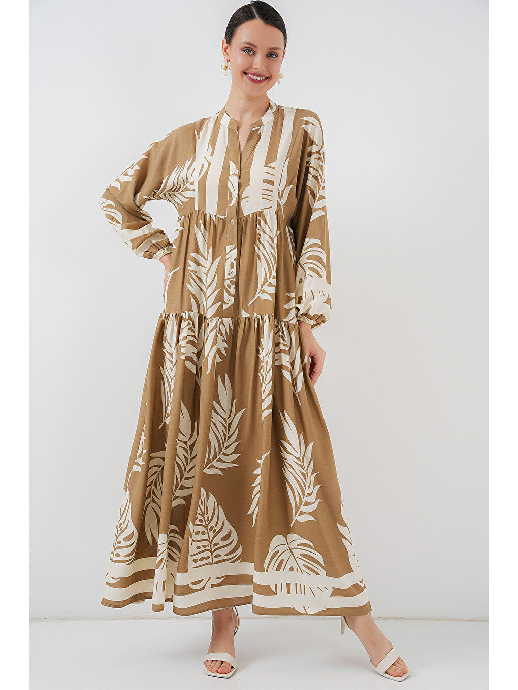 Bej 2423 Otantik Desenli Tesettür Elbise - F.Vizon-1