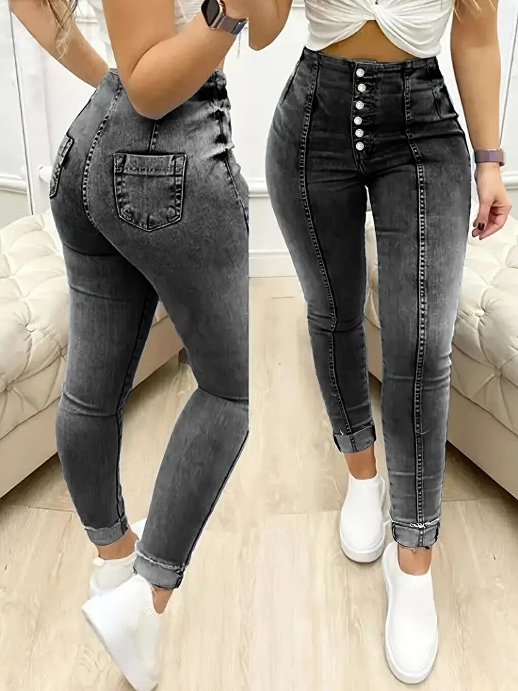 Siyah Kadın Yüksek Bel Önden Düğmeli Jean Pantolon-2