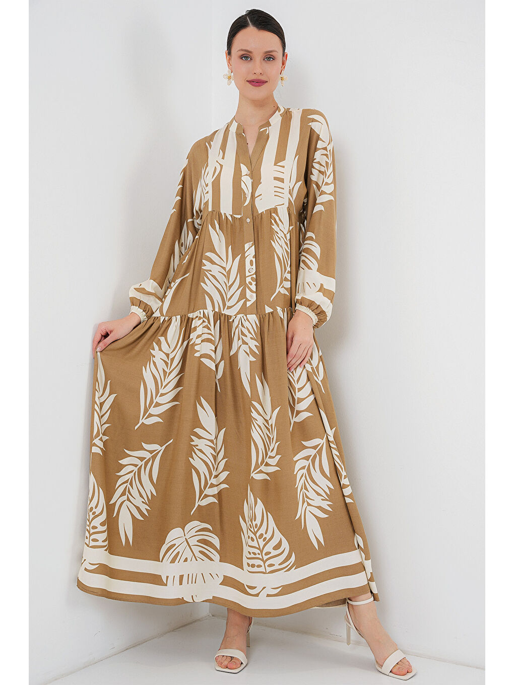 Bej 2423 Otantik Desenli Tesettür Elbise - F.Vizon-2