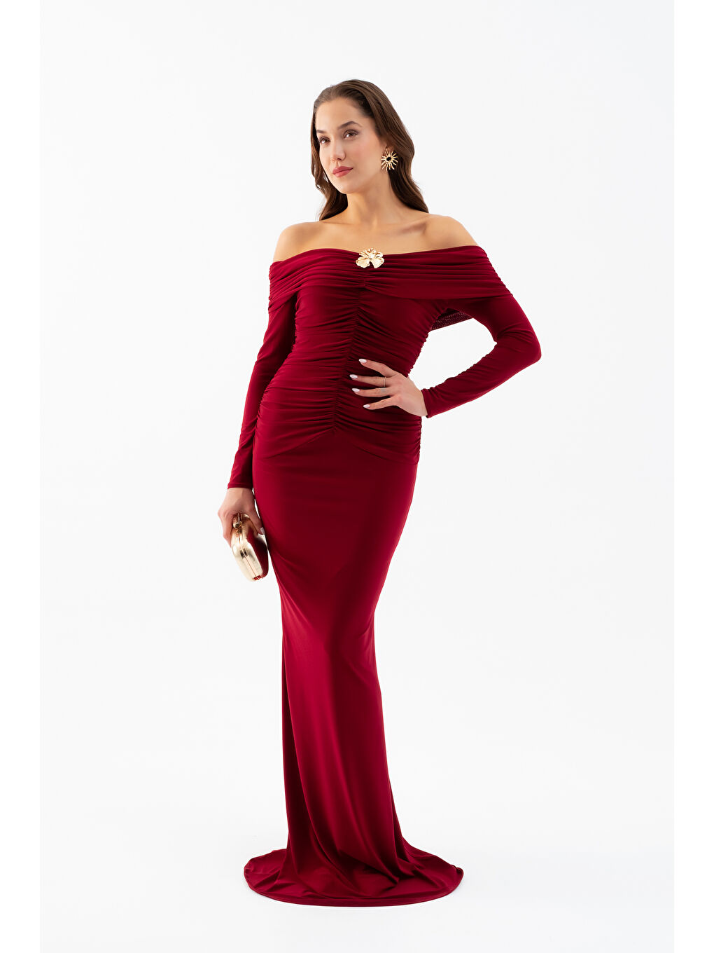 Kadın Bordo Büzgü Detay Uzun Elbise-1