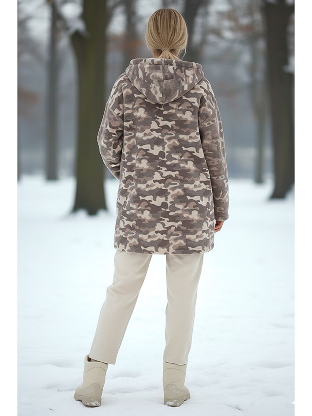 İtalyan Kamuflaj Bej Kapüşonlu Uzun Kol Fermuarlı Cepli Casual Kaşe Dokuma Ceket 80 70-3