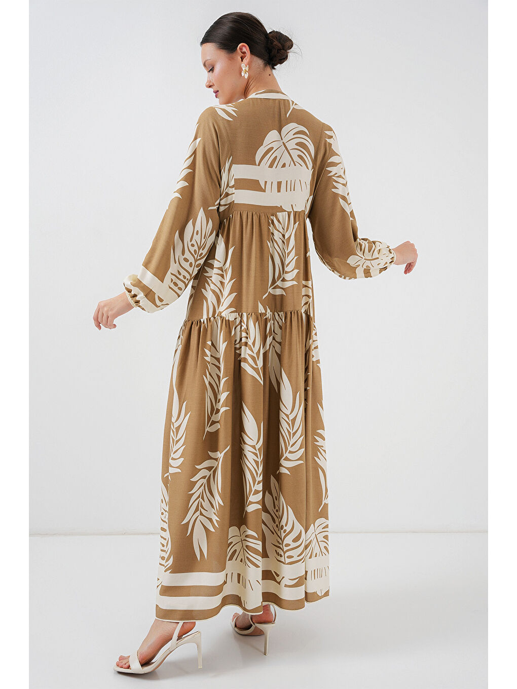 Bej 2423 Otantik Desenli Tesettür Elbise - F.Vizon-4