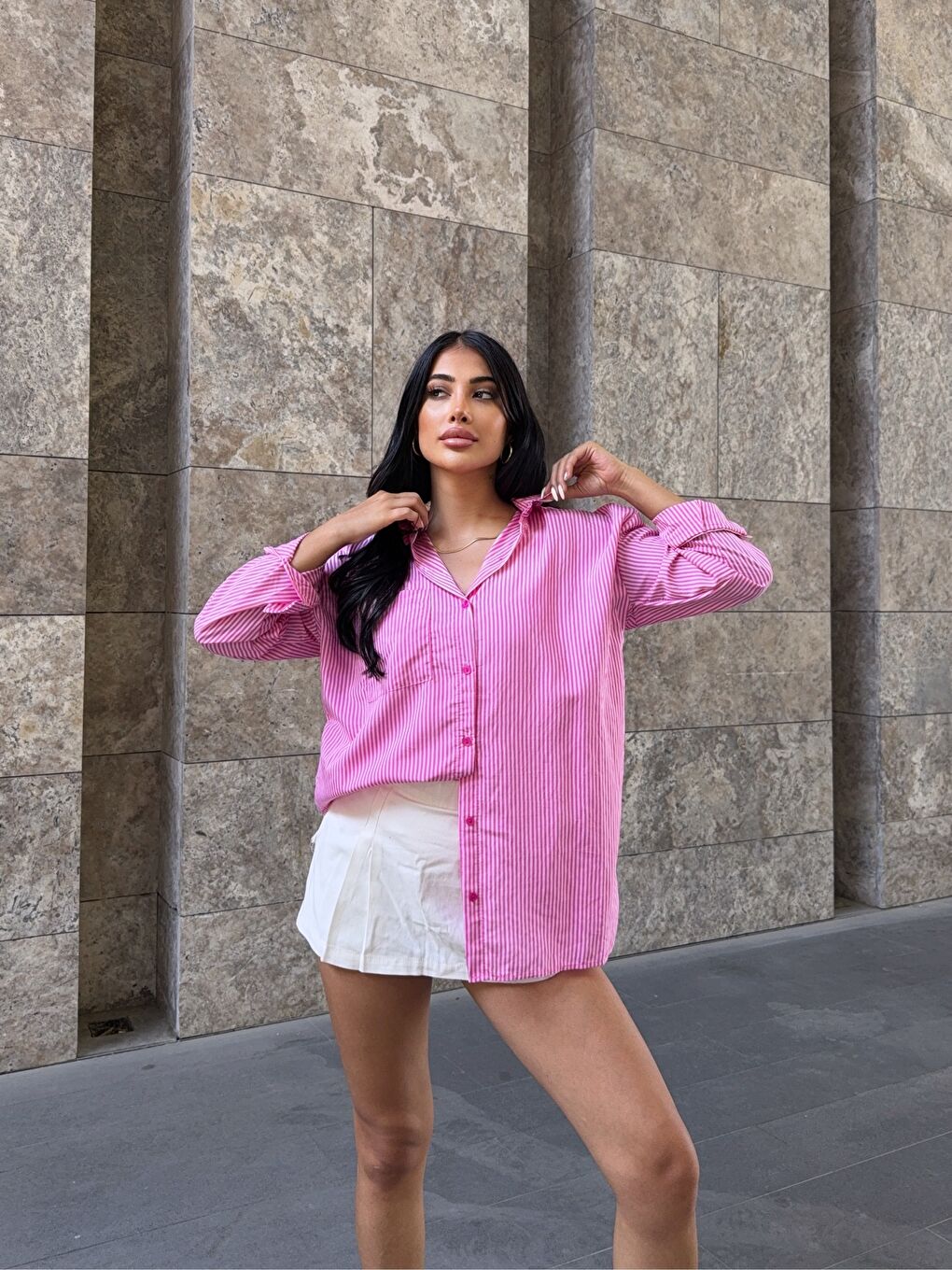 Pembe Çizgili Tek Cep Detay Gömlek-2