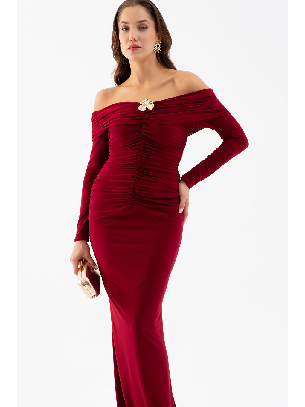 Kadın Bordo Büzgü Detay Uzun Elbise-2