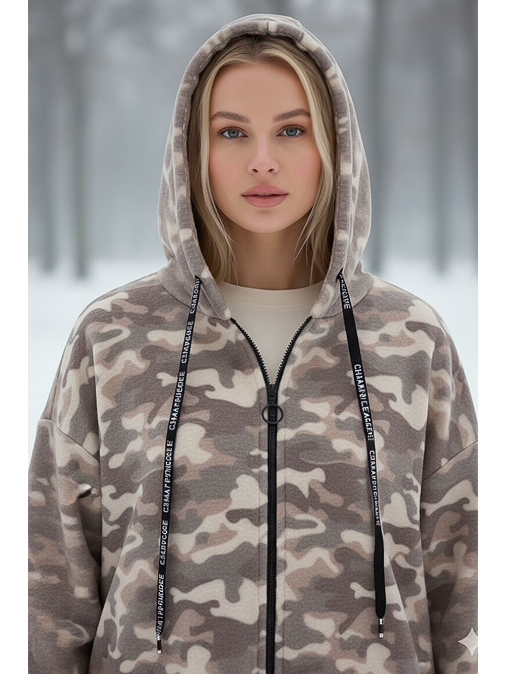 İtalyan Kamuflaj Bej Kapüşonlu Uzun Kol Fermuarlı Cepli Casual Kaşe Dokuma Ceket 80 70-4